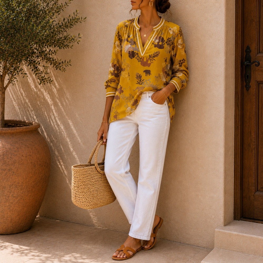 Johnny Was Womens Taly Astrid Tunic Silk Blouse Sz XL Yellow Safari Resortwear